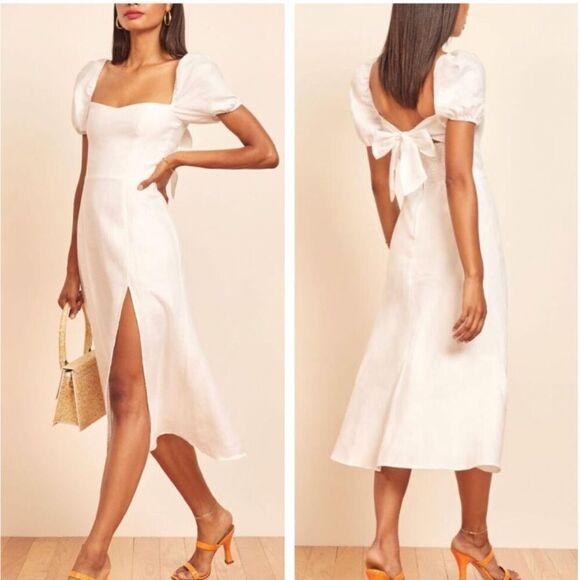Reformation Denver Linen Dress White Linen Bow - Picture 1 of 9